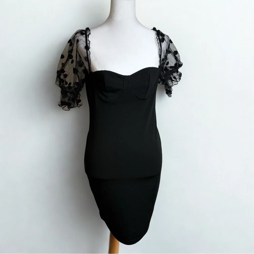 SHEIN Black Mini Dress with Sheer Polka Dot Puff Sleeves